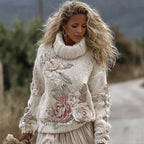 Classic Rose Art Cozy Knit Turtleneck Sweater And Linen Skirt Two-piece Set artswardrobe