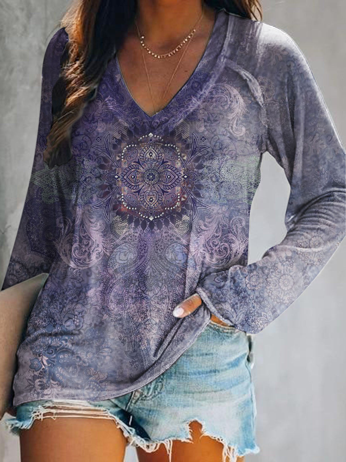 Women's Vintage Tattoo Pattern Art Print V-Neck Long Sleeve Top