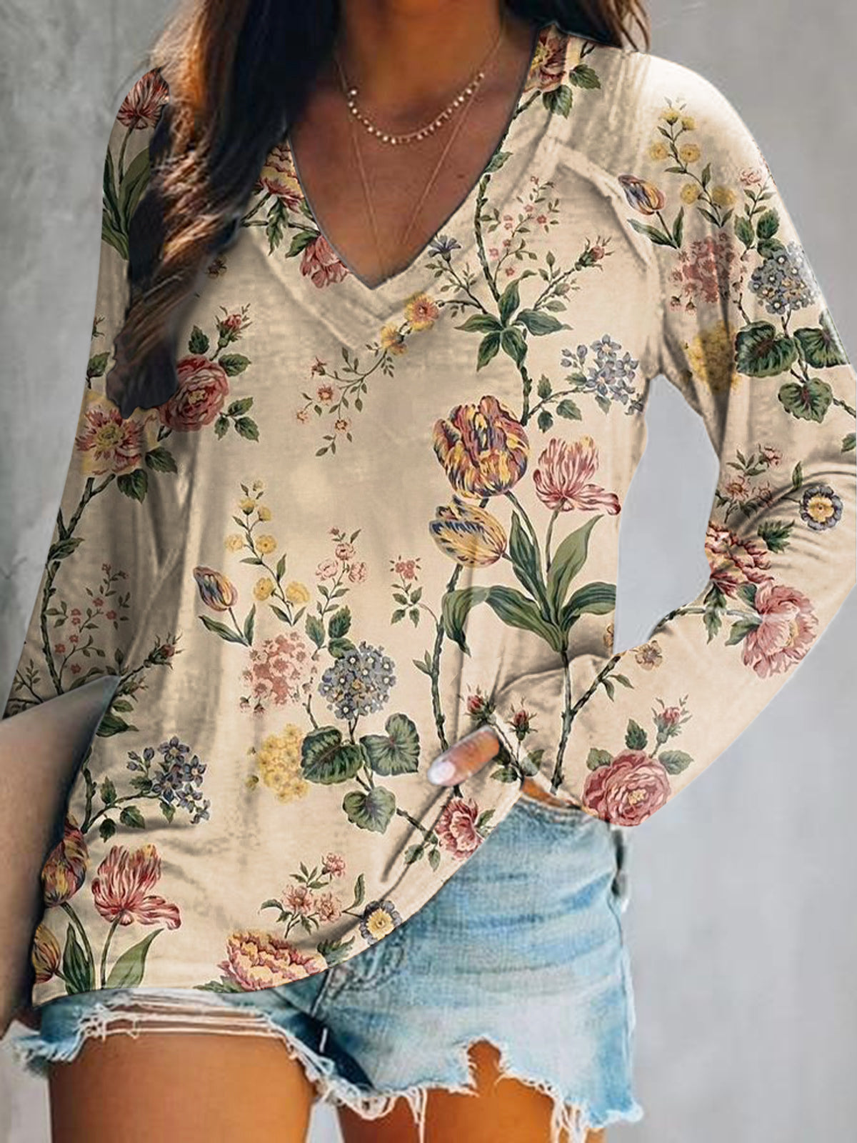 Women's Casual Vintage Floral Art Print V Neck Long Sleeve Tops