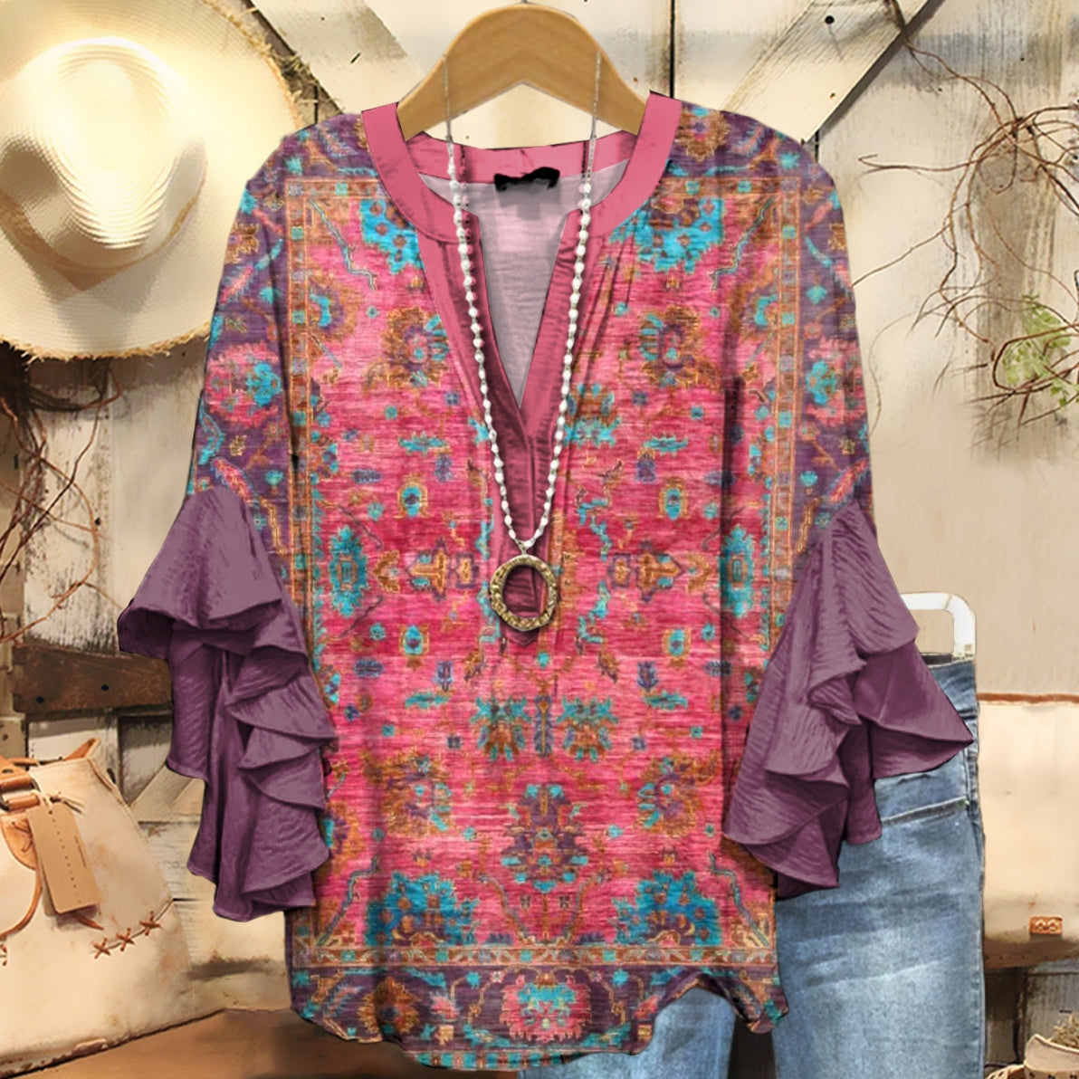 Women's Retro Ethnic Totem Art Pattern Print Casual Ruffle Sleeve Top