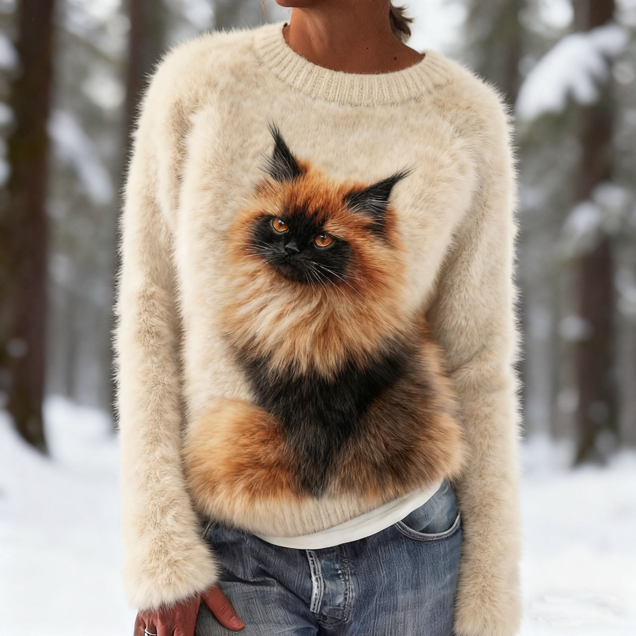 Comstylish Cute Fluffy Cat Pattern Warm Pullover Sweater