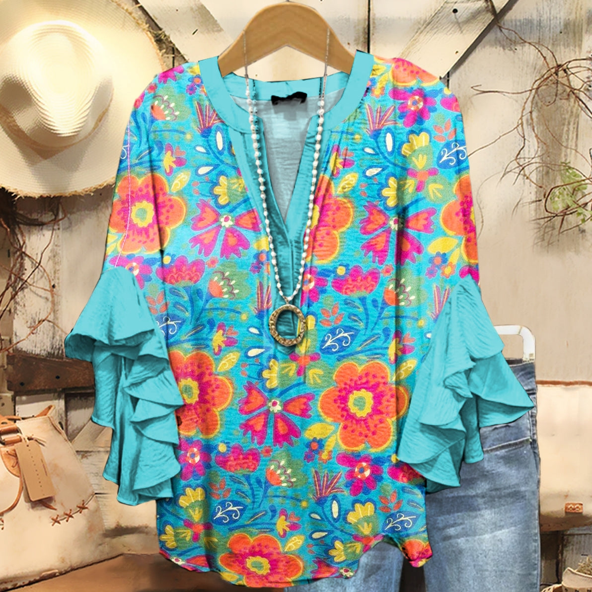 Women's Bohemian Floral Pattern Print Casual Ruffle Sleeve Top