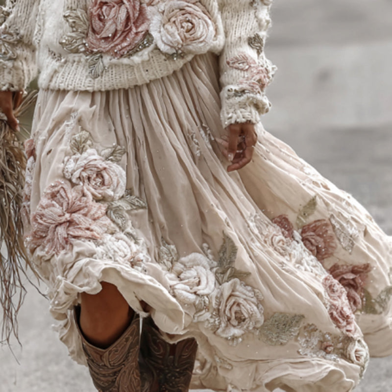 Classic Rose Art Cozy Knit Turtleneck Sweater And Linen Skirt Two-piece Set artswardrobe