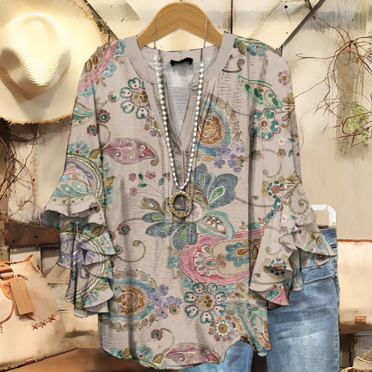 Women's Ethnic Paisley Floral Art Print Casual Ruffle Sleeve Top