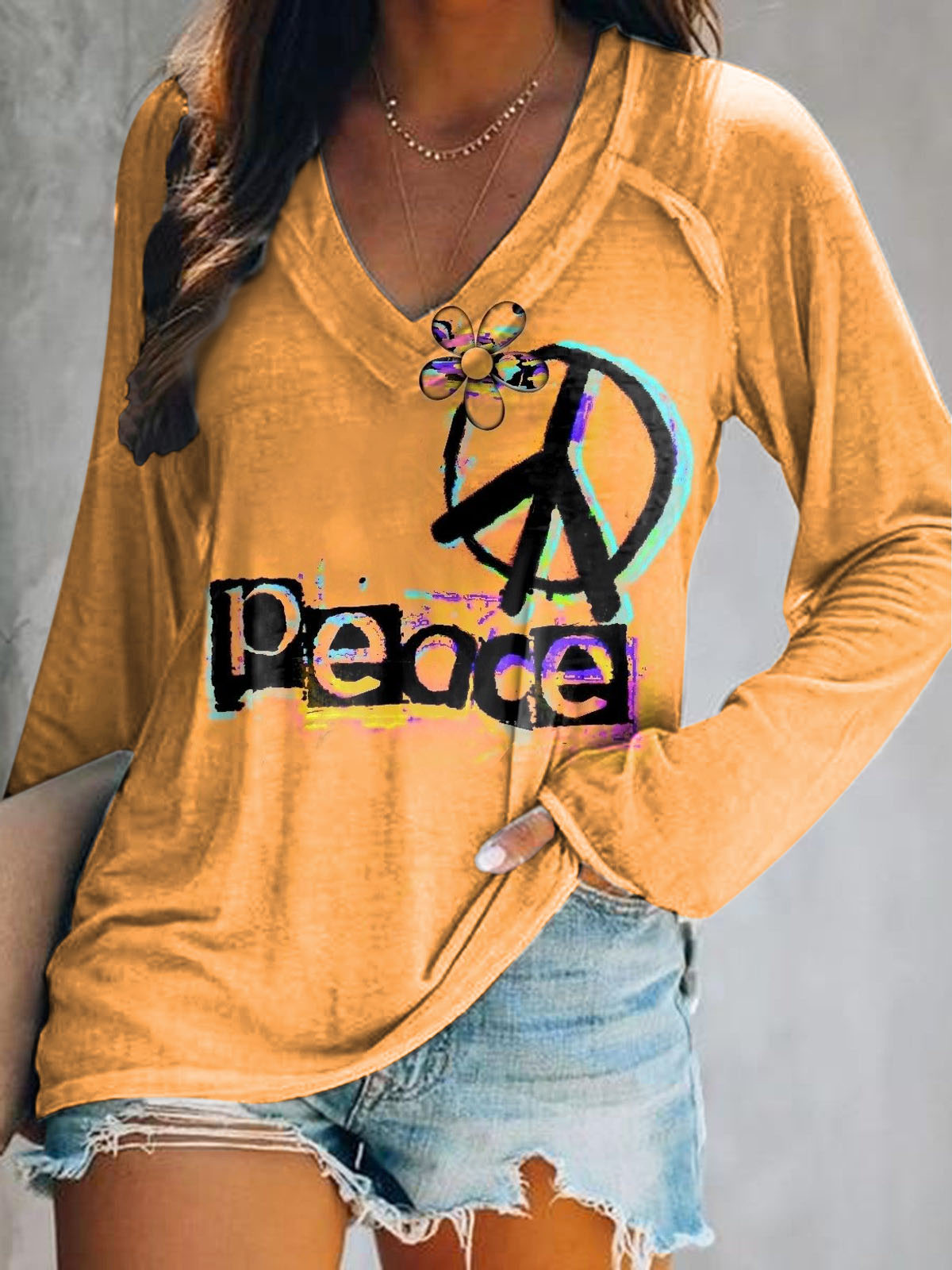 Women's Peace Loving Hippie Art Print V-Neck Long Sleeve Top