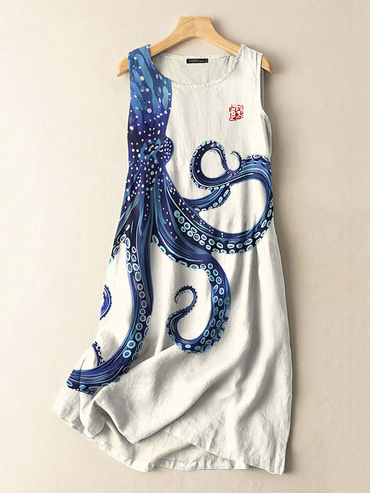 Vintage Japanese Octopus Art Print Sleeveless Cotton And Linen Midi Dr
