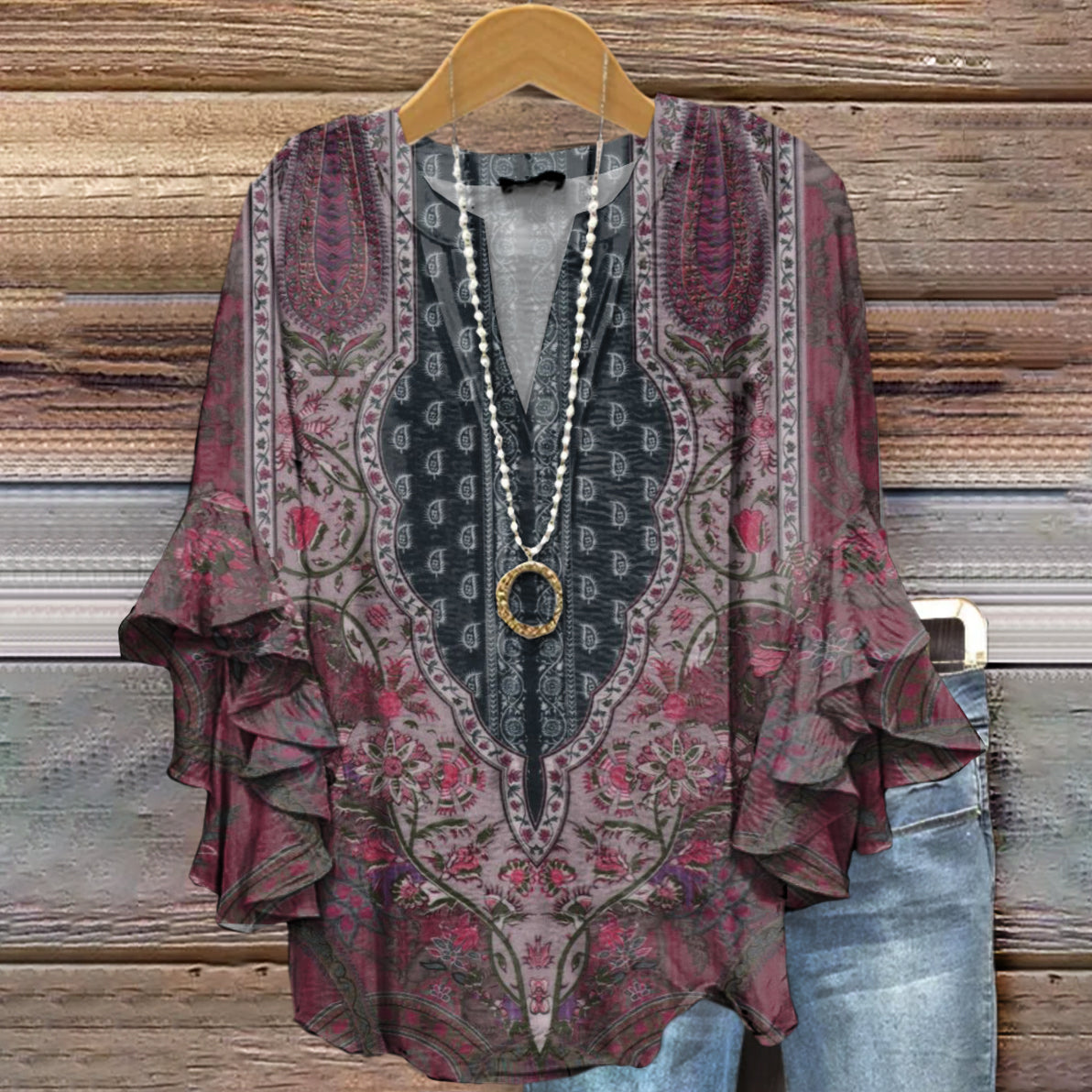 Women's Art Painting Ethnic Floral Retro Print V-Neck Ruffled Top