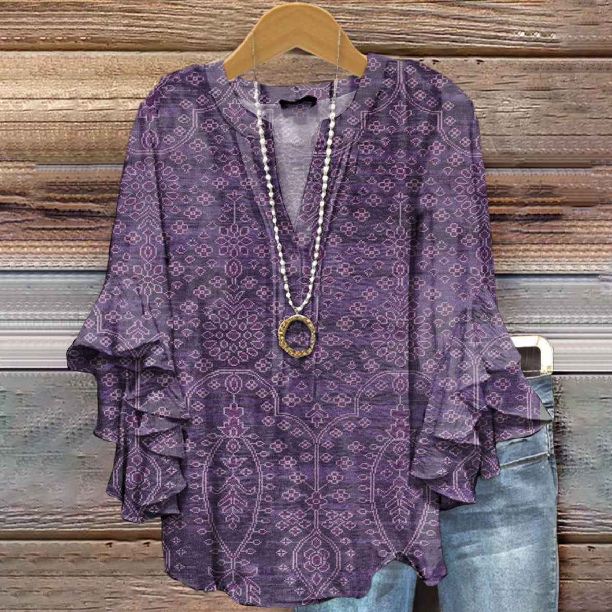 Women's Art Painting Purple Ethnic Floral Print V-Neck Ruffled Top