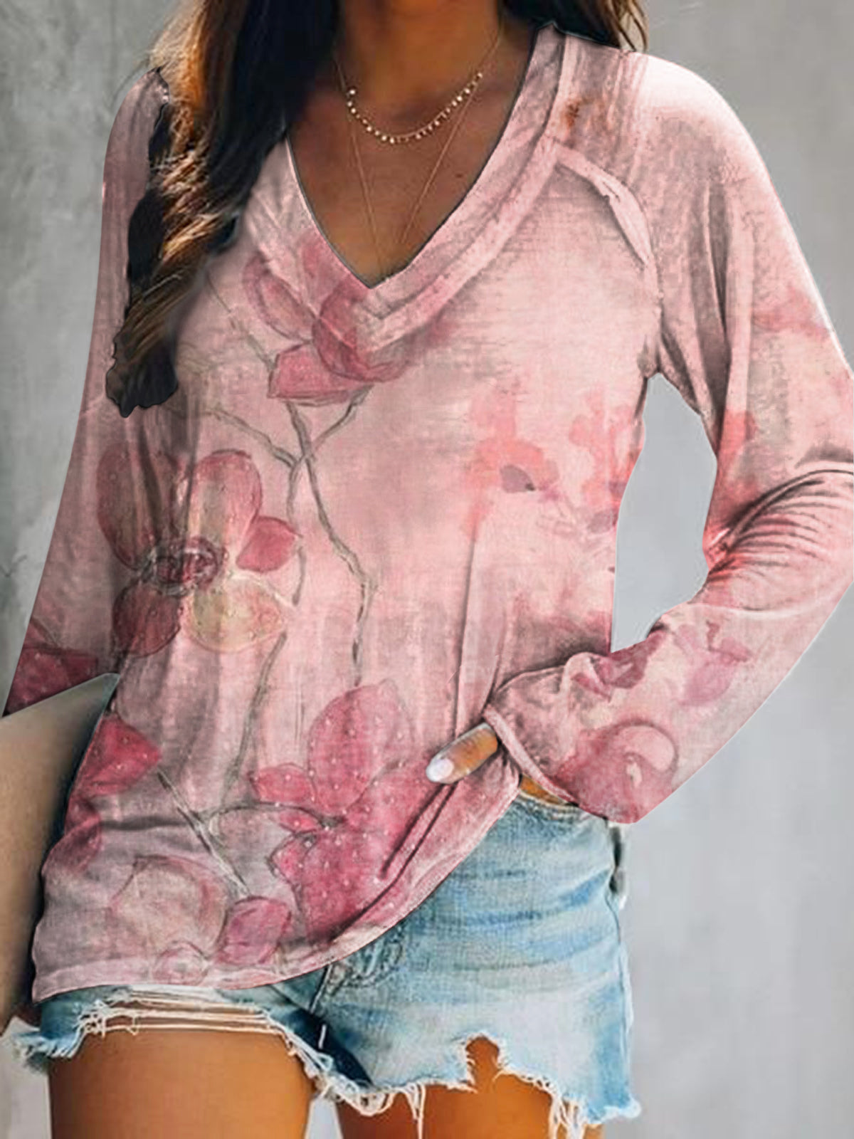 Women's Casual Vintage Floral Art Print V Neck Long Sleeve Tops