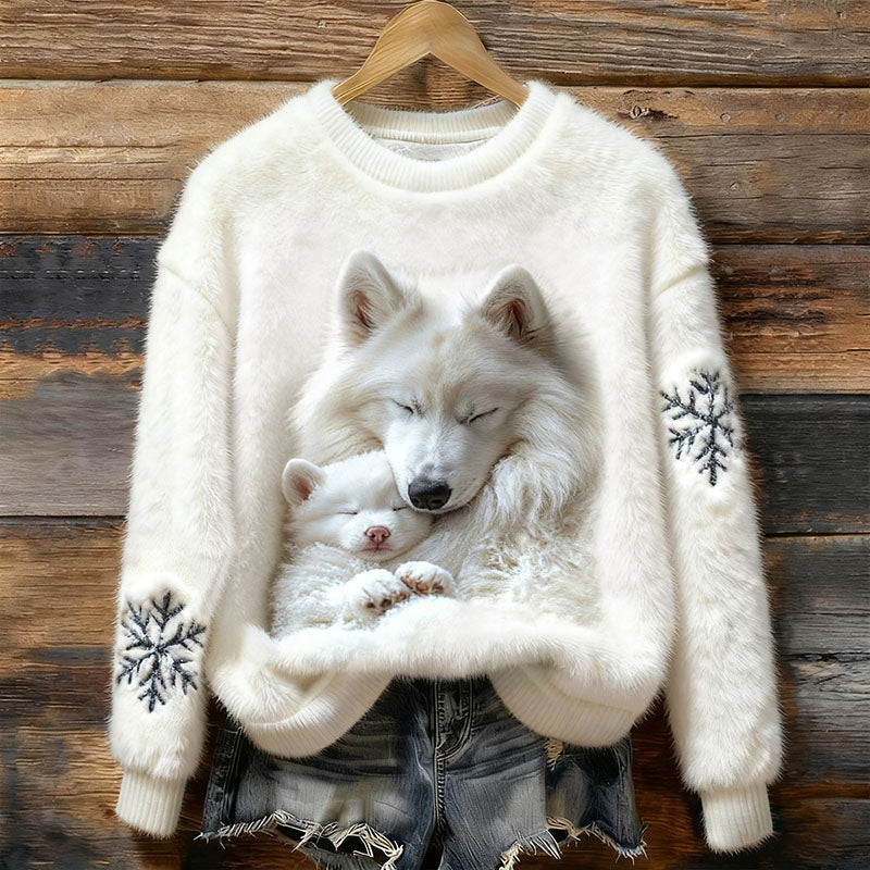 Comstylish Christmas Snowflake And Sleeping Wolf Pattern Plush Thermal Sweater