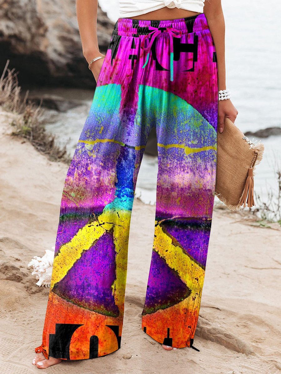 Women's Rainbow Color Peace Love Print Cotton And Linen Casual Pants