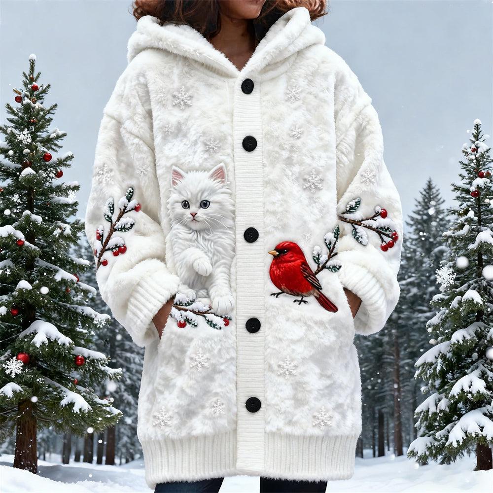 Comstylish Christmas Cat & Bird Women's Hooded Flannel Cardigan