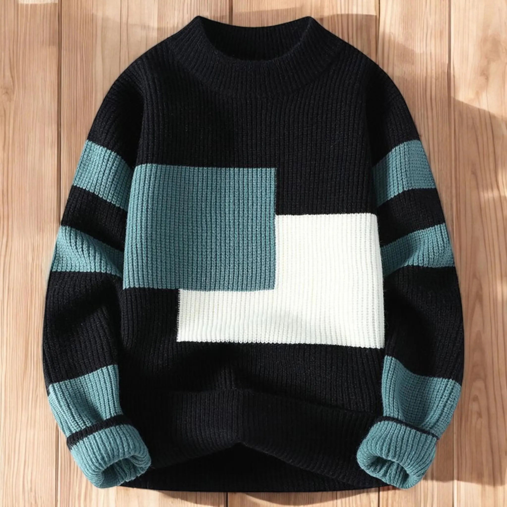 Vegan Men Mock Minimalist Knit Pullover Sustainable Patchwork Warmth Knitted Jacquard Unisex Sweater artswardrobe