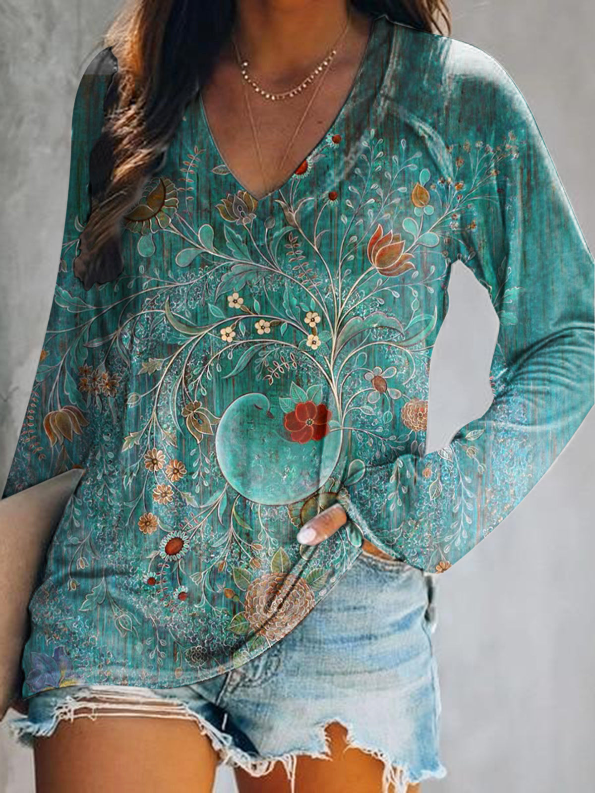 Women's Casual Vintage Floral Art Print V Neck Long Sleeve Tops