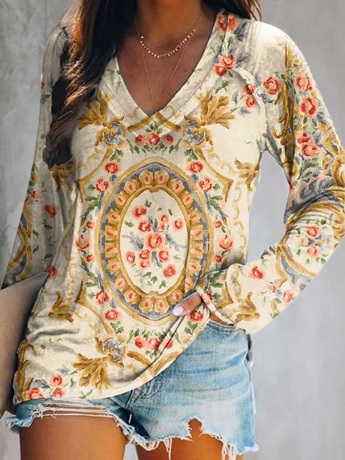 Women's Casual Vintage Ethnic Floral Art Print V Neck Long Sleeve Tops