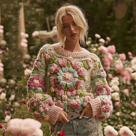 Classic Chunky Knit Crochet Floral Sweater artswardrobe