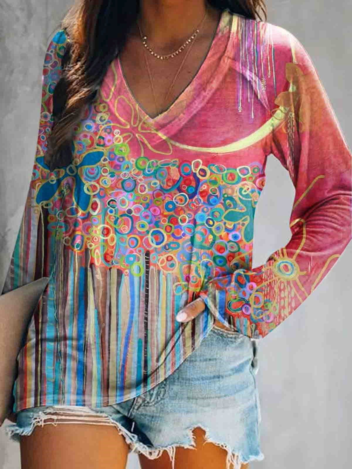 Women's Floral Art Print V-Neck Long Sleeve Top