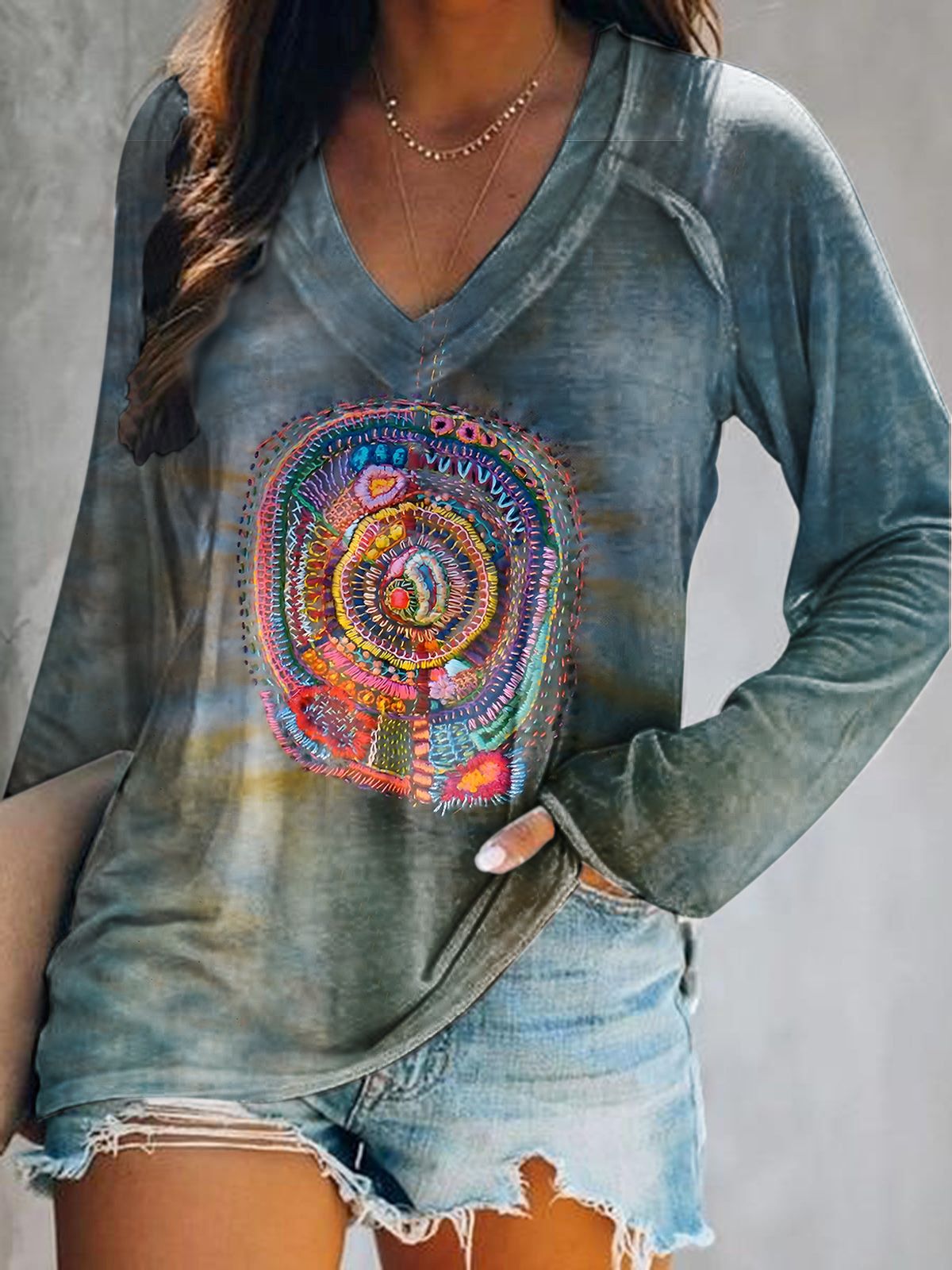 Women's Trompe L'oeil Art Print V-Neck Long Sleeve Top