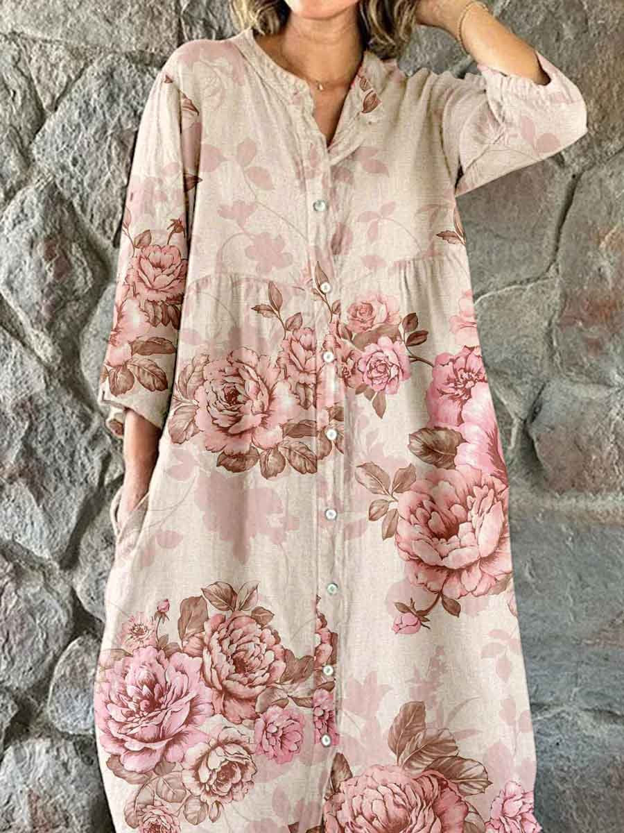Women's Elegant Vintage Rose Floral Shirt Style Cotton and Linen Dress