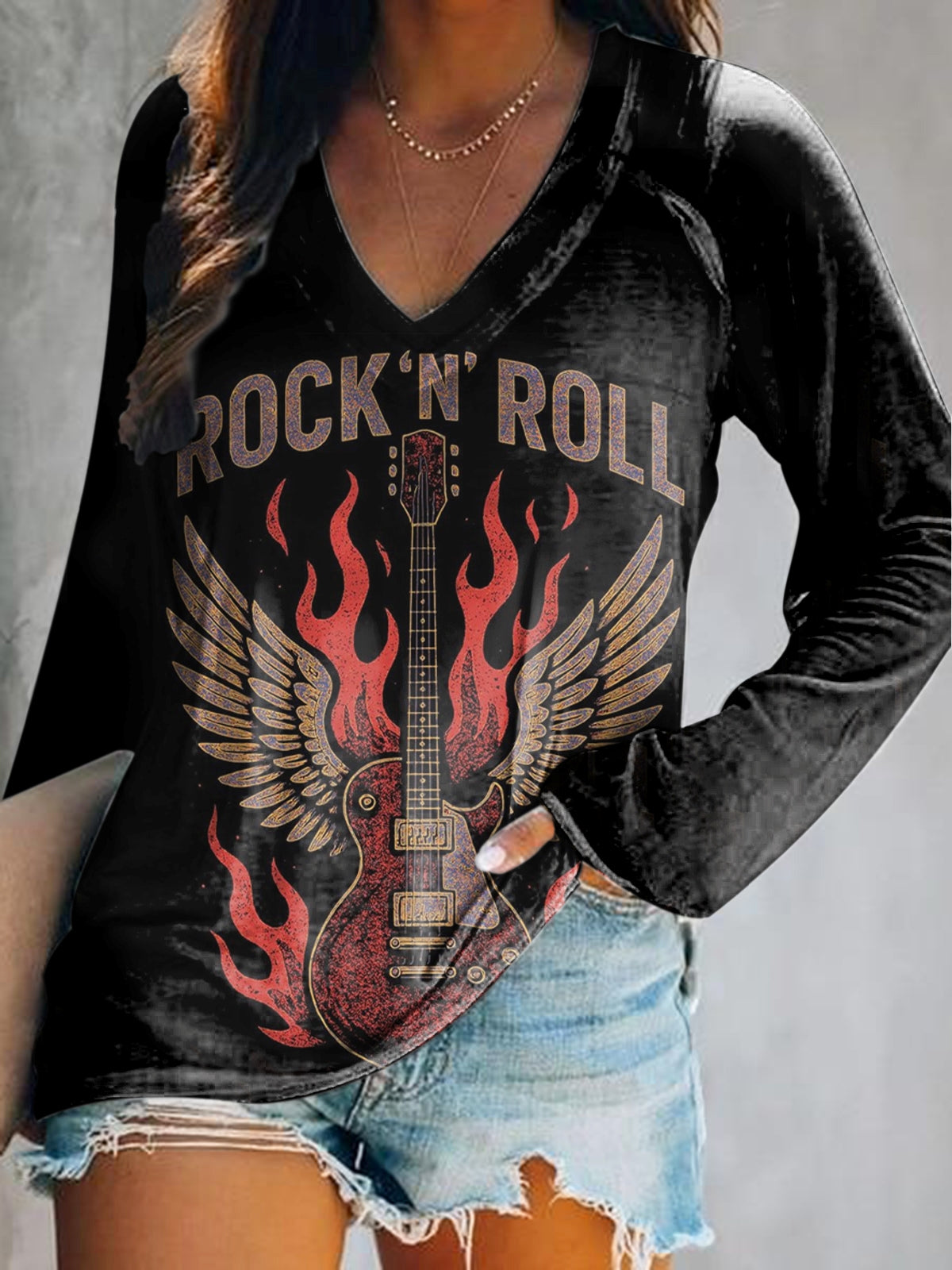 Women's Retro Rock Art Print Casual V Neck Long Sleeve Tops