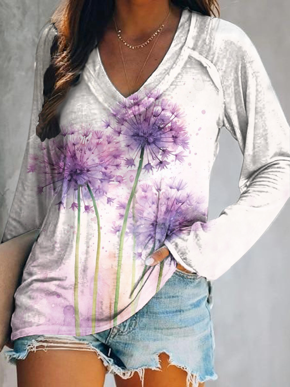 Women's Casual Vintage Floral Art Print V Neck Long Sleeve Tops