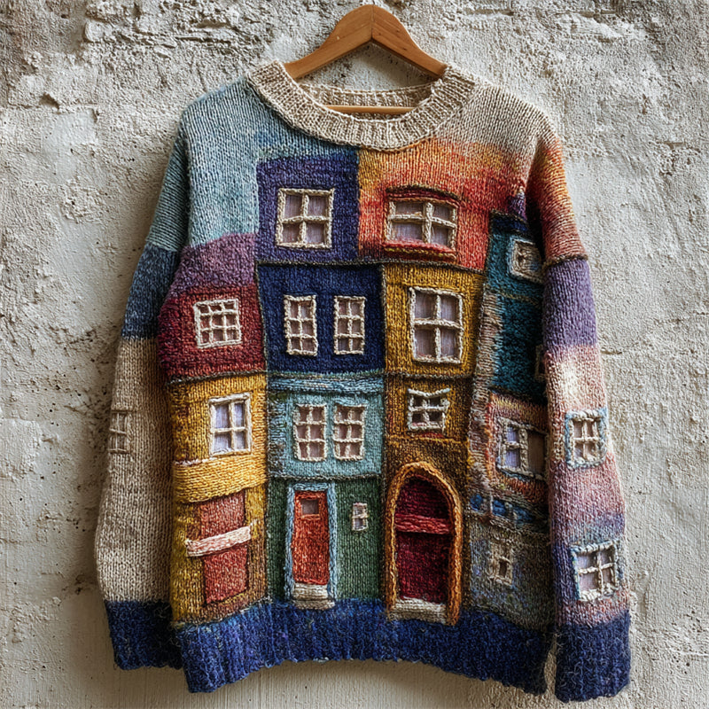 Colorful Street Building Patchwork Cozy Knit Sweater artswardrobe