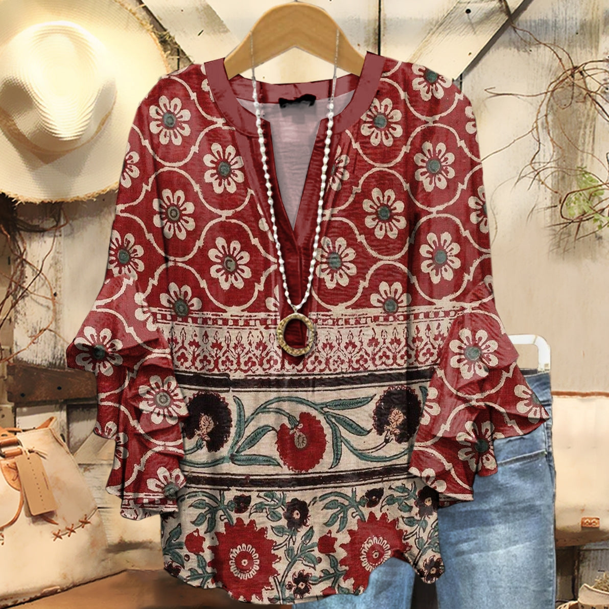 Women's Ethnic Floral Art Print Casual Ruffle Sleeve Top