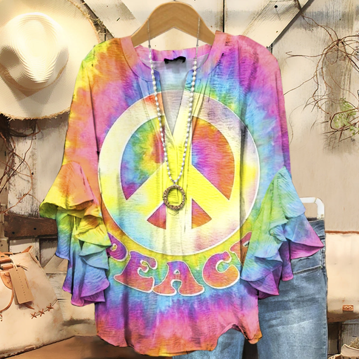 Womens Hippie Peace Tie Dye Pattern Print Casual Ruffle Sleeve Top