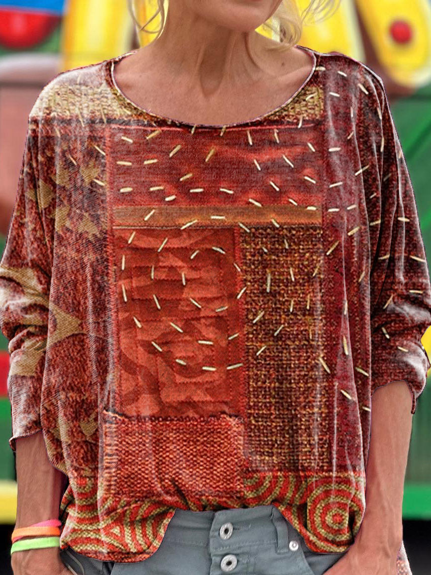 Women's Vintage Ethnic Patchwork Art Print Casual Long Sleeve Top