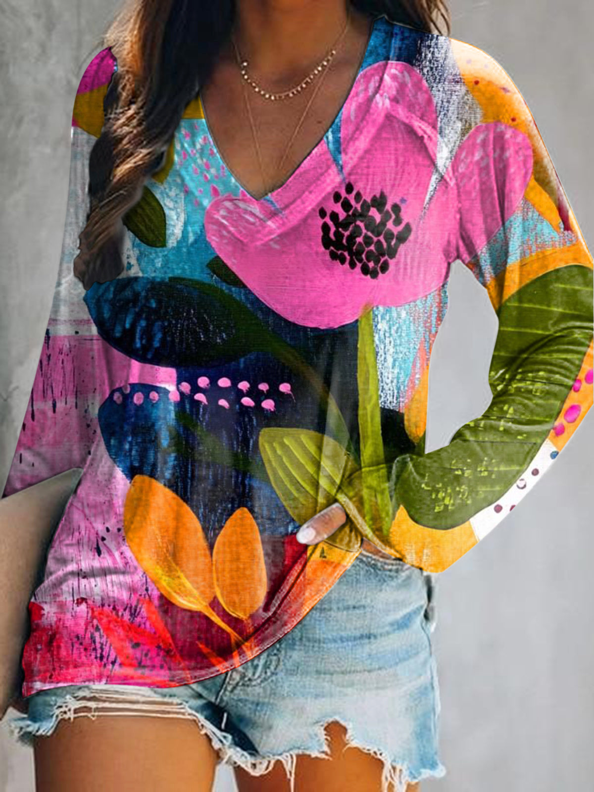 Women's Casual Bohemian Floral Art Print V Neck Long Sleeve Tops