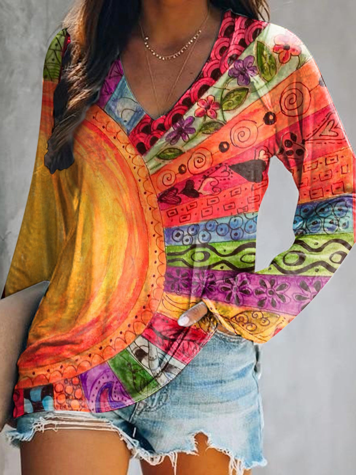 Women's Casual Colorful Sun Collage Art Print V Neck Long Sleeve Tops