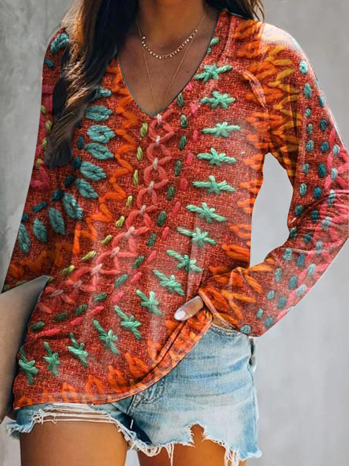 Women's Mandala Art Print V-Neck Long Sleeve Top