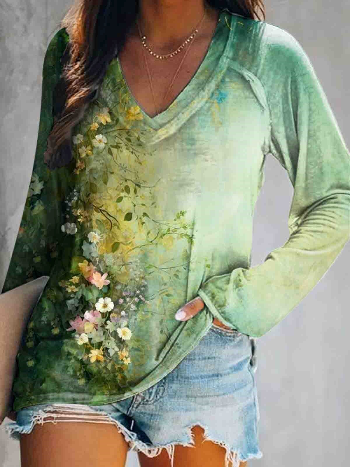 Women's Floral Art Print V-Neck Long Sleeve Top