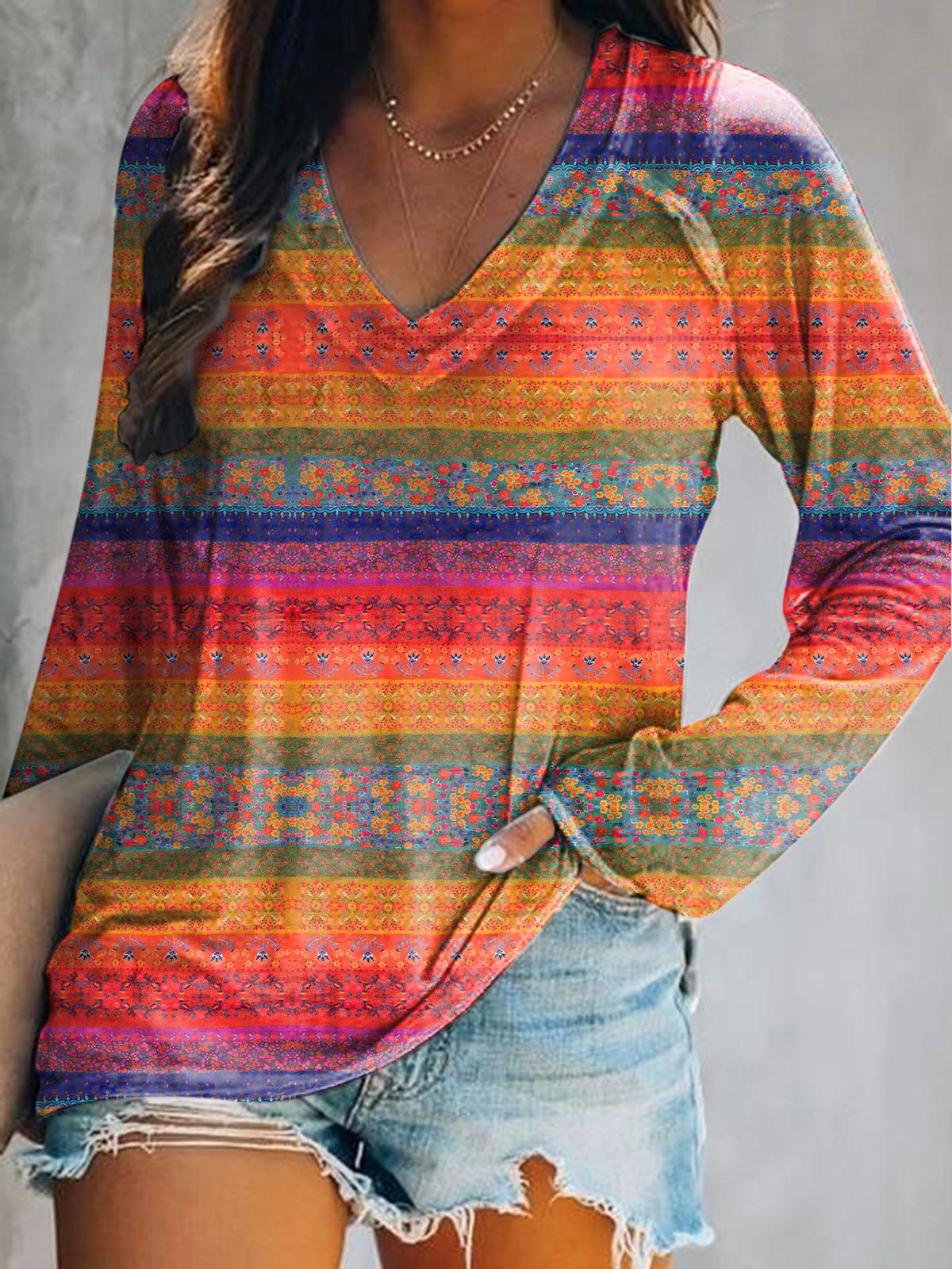 Women's Casual Vintage Floral Art Print V Neck Long Sleeve Tops