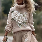 Vintage Rose In Pink Art Cozy Knit Turtleneck Sweater And Linen Skirt Two-piece Set artswardrobe