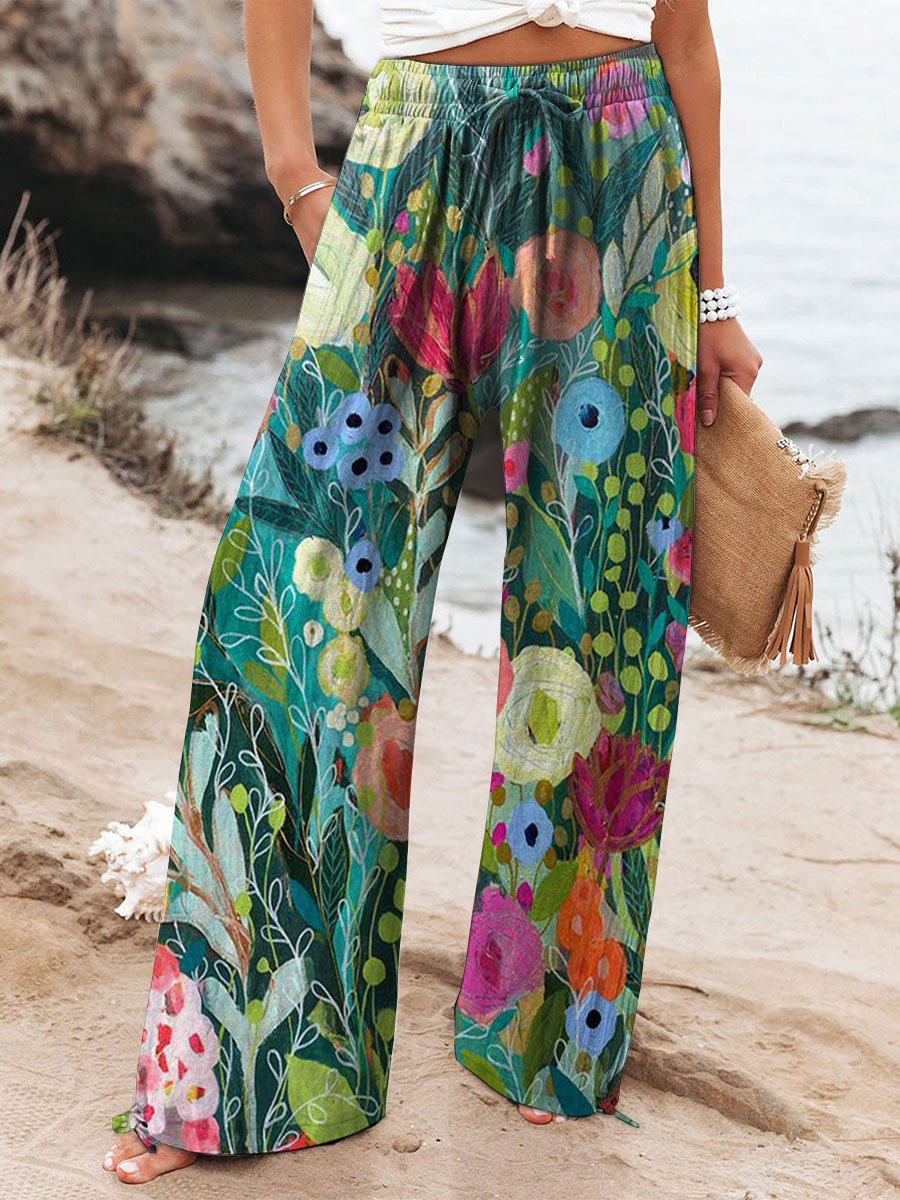Women's Vintage Flower Printed Cotton And Linen Casual Pants