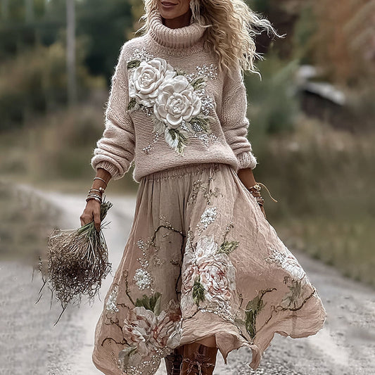 Vintage Rose In Pink Art Cozy Knit Turtleneck Sweater And Linen Skirt Two-piece Set artswardrobe