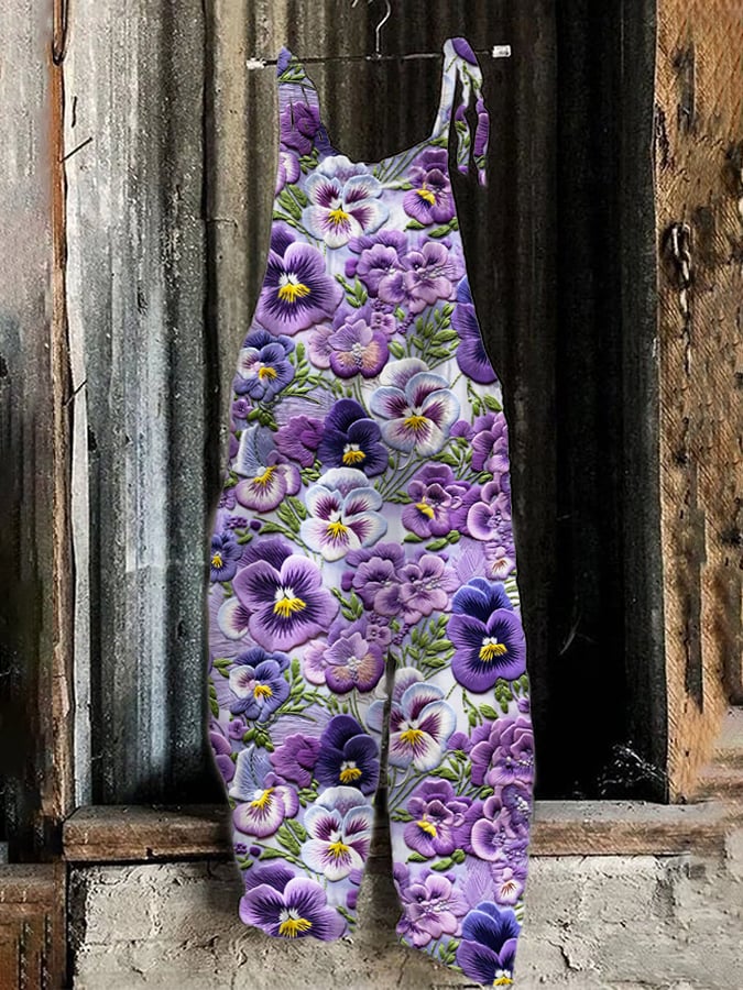 Women's Pansy Floral Pattern Print Bib Trousers