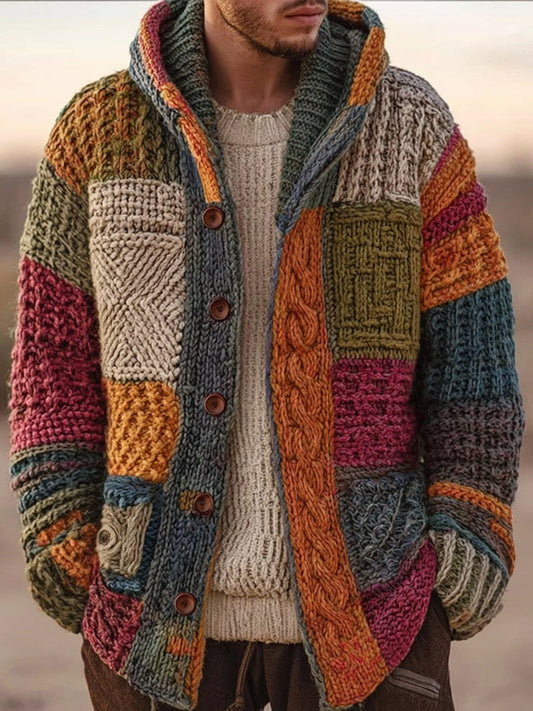 Men's Vintage Geometric Patchwork Cozy Hooded Cardigan artswardrobe