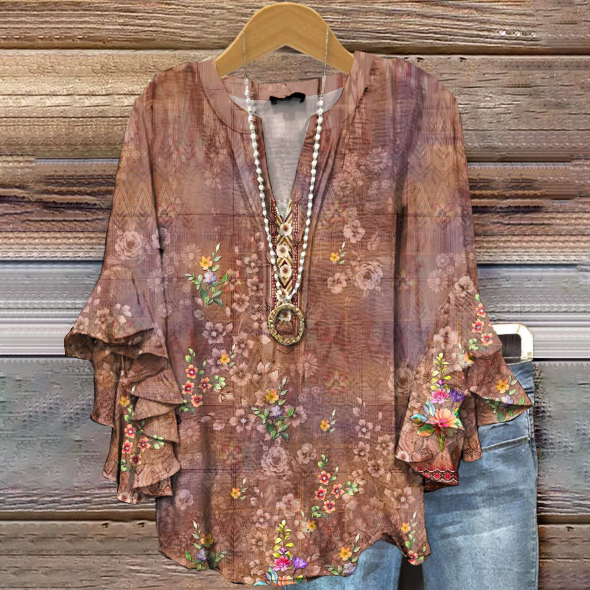 Women's Art Painting Ethnic Floral Gradient Print V-Neck Ruffled Top