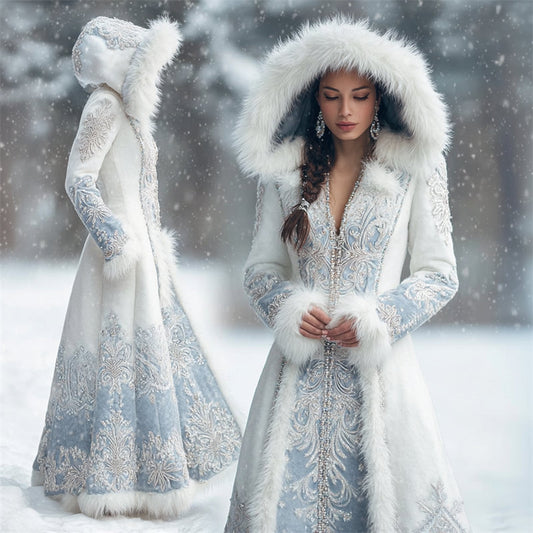 Comstylish Vintage Snowflakes Beaded Fur Trim Hooded Long Cardigan